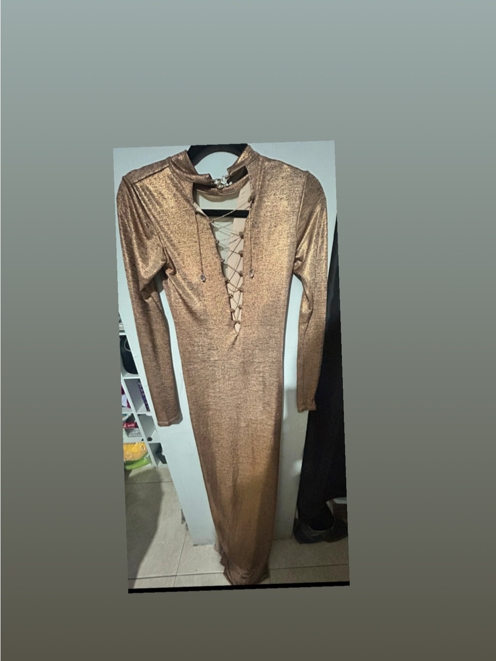 Long Sleeve Lace-Up Metallic Bronze Maxi Dress slits up the side size XS
